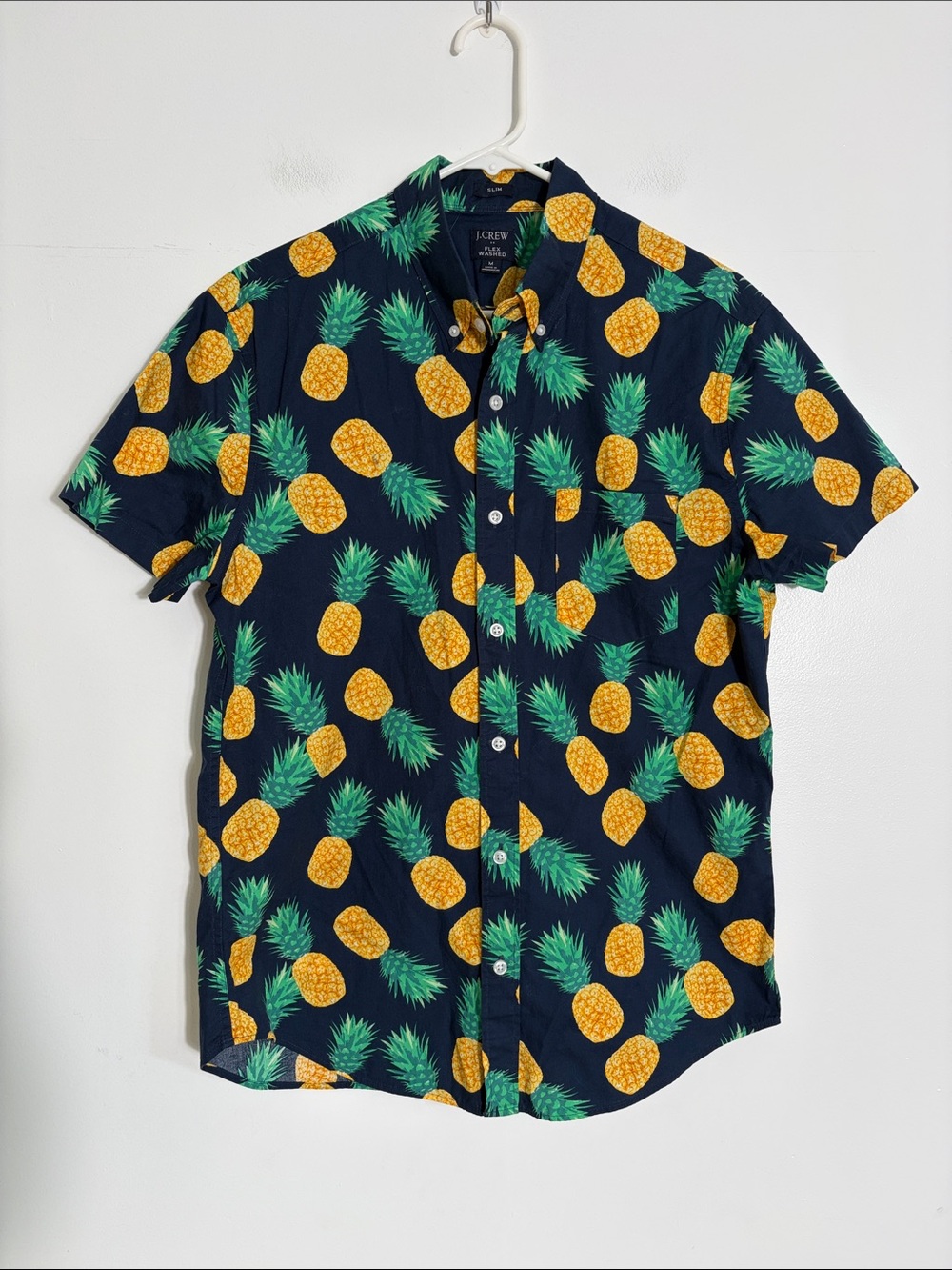 J. Crew Flex Wash Slim Navy Short-Sleeve Button-Down with Yellow Pineapple Print